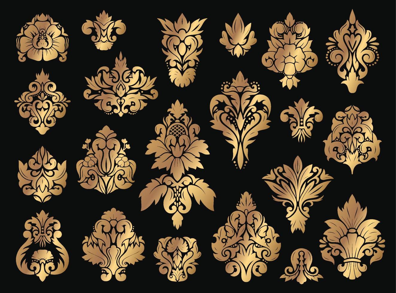 Damask floral ornament. Gold vintage ornaments with flourish elements. Old fashioned baroque decorations for wallpaper or packaging vector set