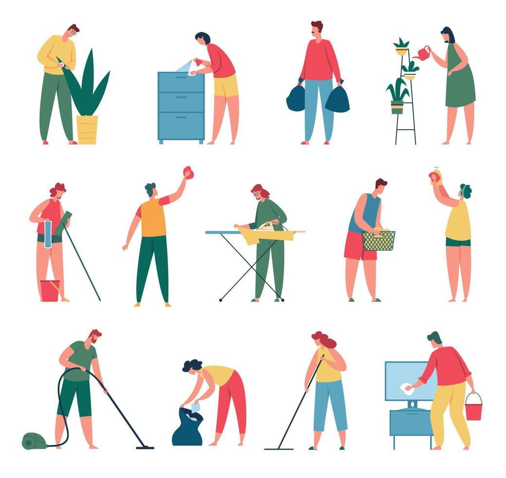 People cleaning. Men and women doing housework, vacuuming carpet, washing clothes, watering plant, mopping floor. Housework concept vector set