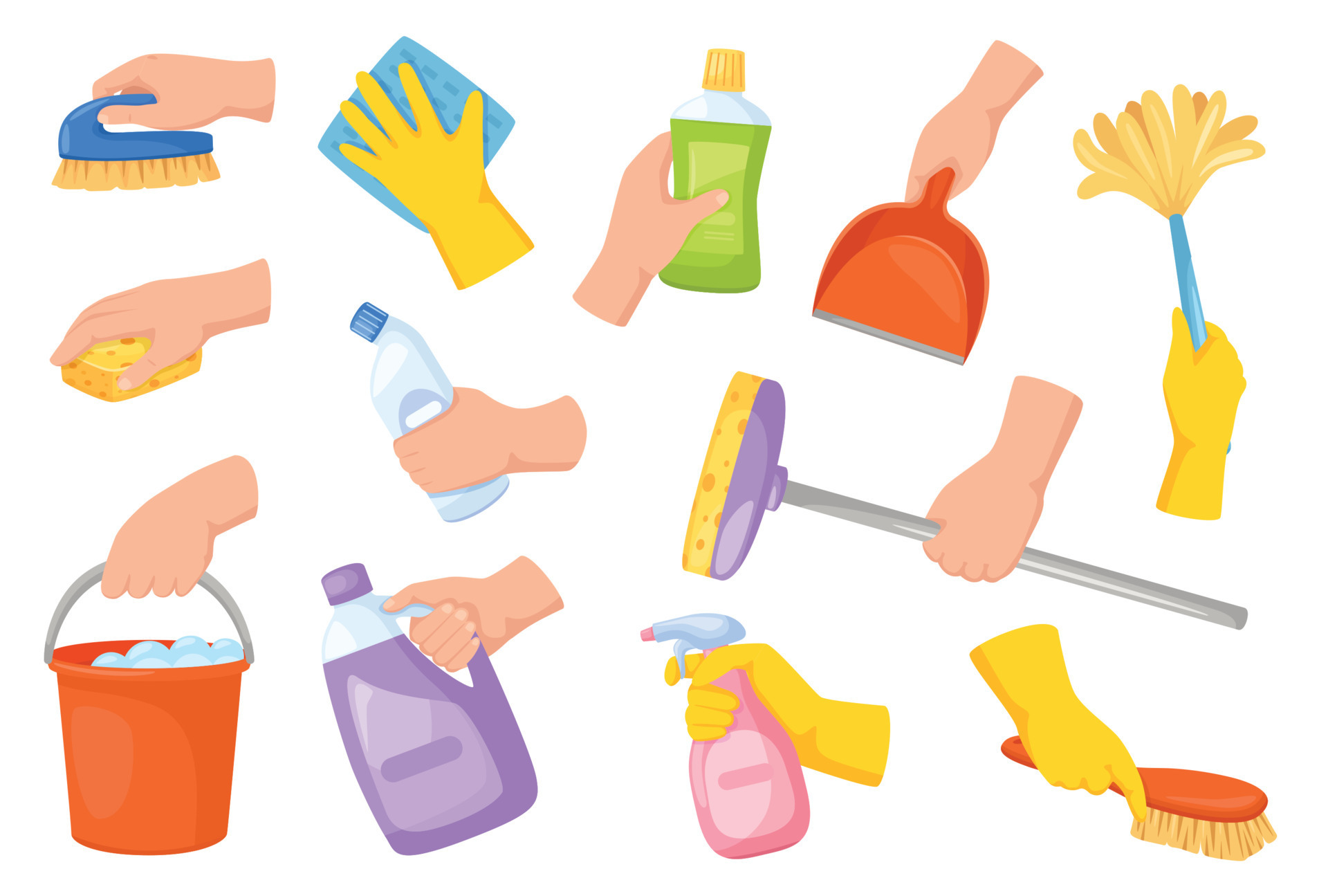 Set of icons for cleaning tools. House cleaning staff. Flat design style.  Cleaning sticker. Cleaning design elements. Vector illustration., Stock  vector