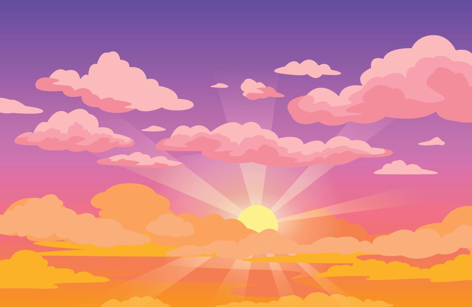 Sunset sky with clouds. Beautiful purple to yellow sky anime background with sunrays and pink fluffy clouds. Cartoon vector illustration