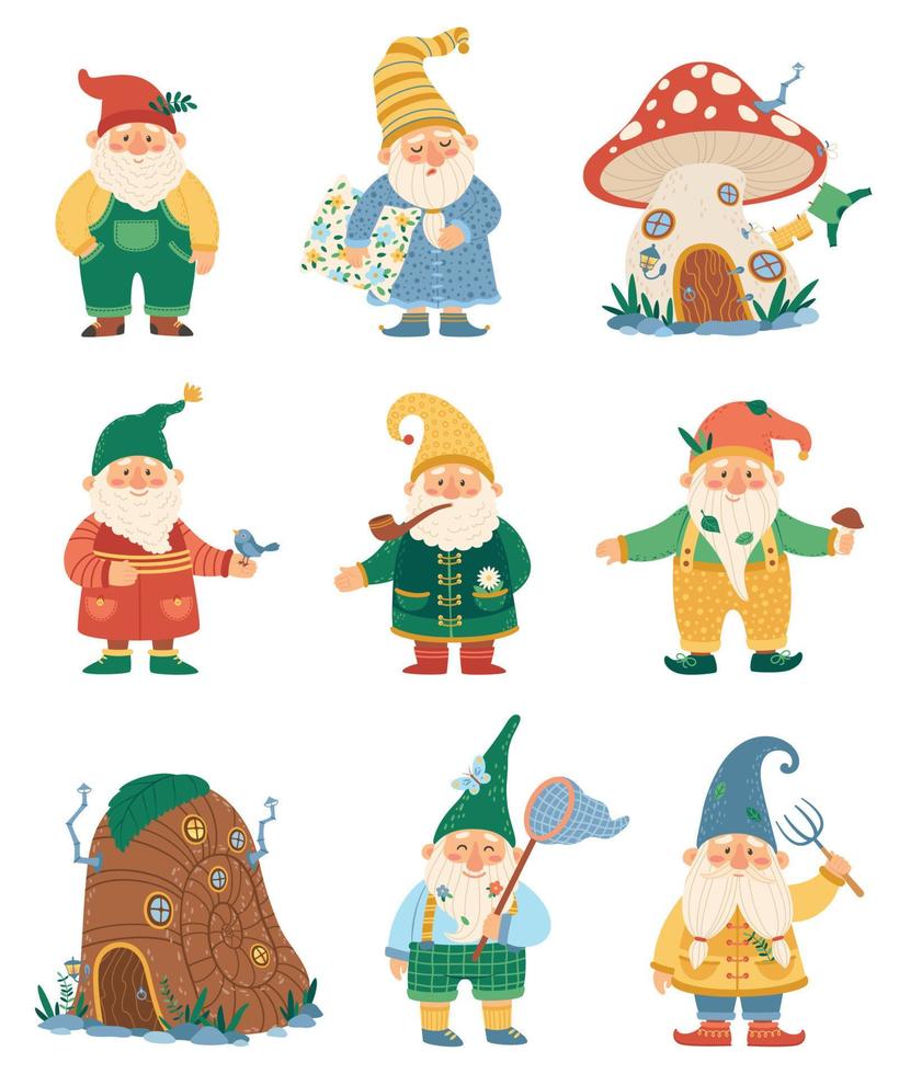 Garden gnomes. Fairytale dwarf elves characters and their houses. Cute mushroom elf house. Flat cartoon happy fairy tale gnomes vector set