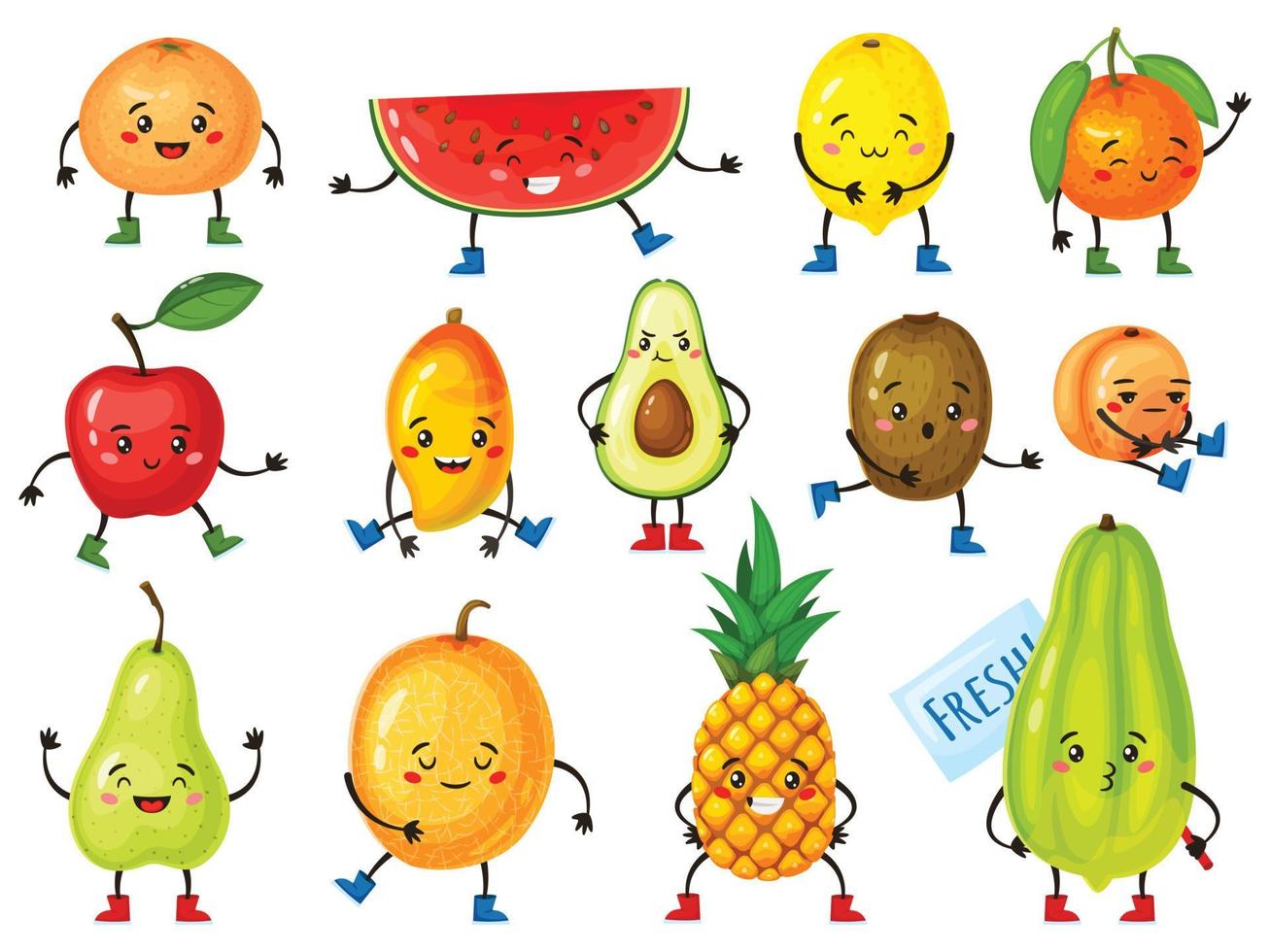 Cartoon fruit characters. Funny orange, pineapple, apple, avocado, lemon with cute faces. Happy smiling tropical fruits mascots vector set