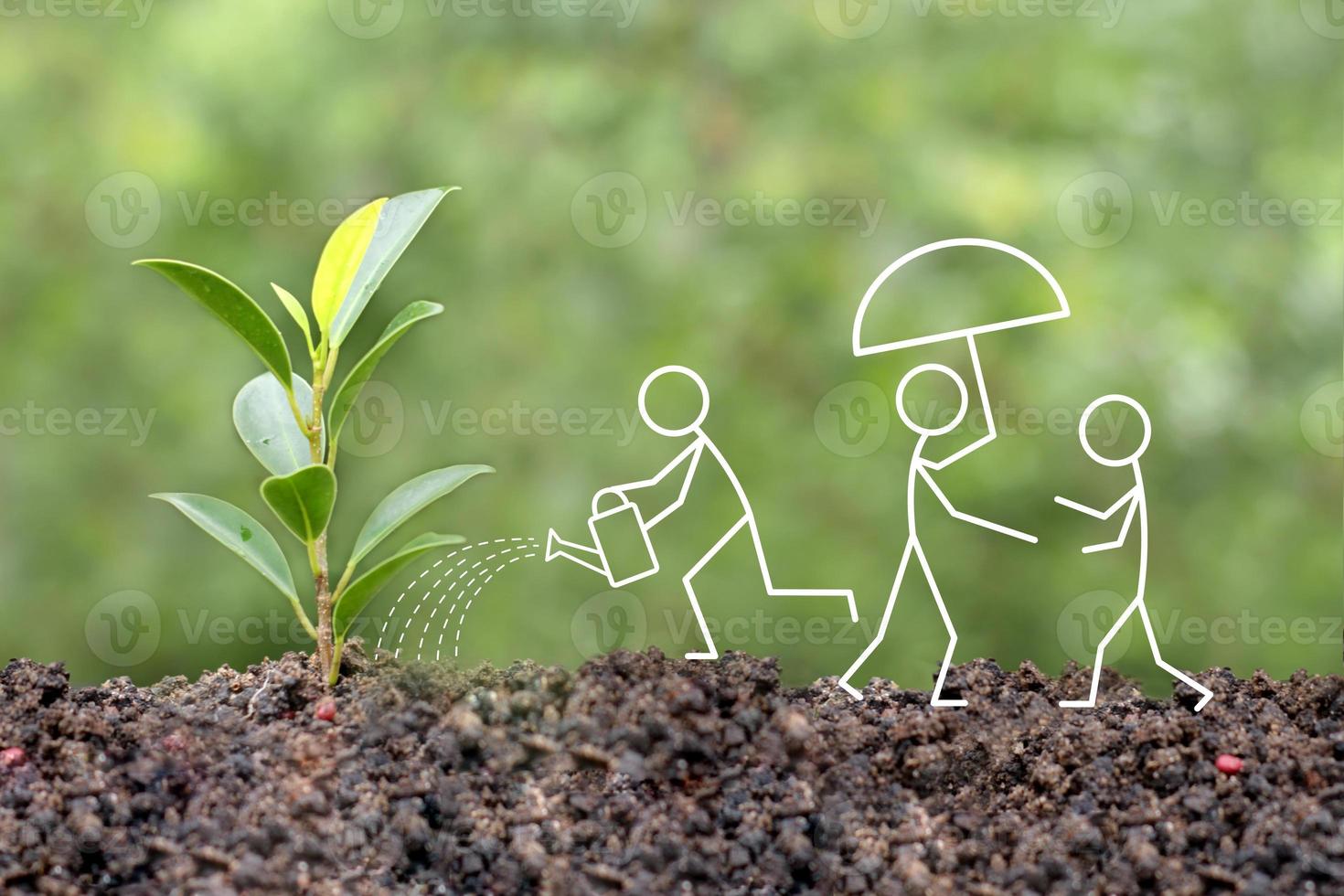 ilustración de un palo figura ahorro el tierra. alguien es riego el plantas, el otro es Ayudar el caliente uno con un paraguas foto