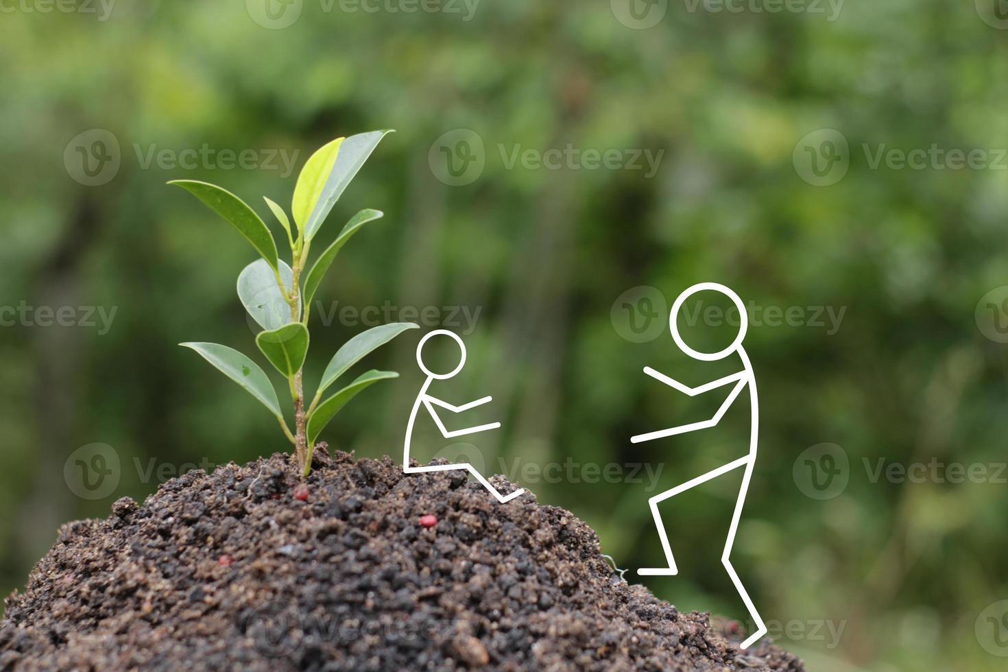 illustration of a stick figure helping his young friend in a high place. Illustration of a campaign to protect climate change and a healthy environment photo