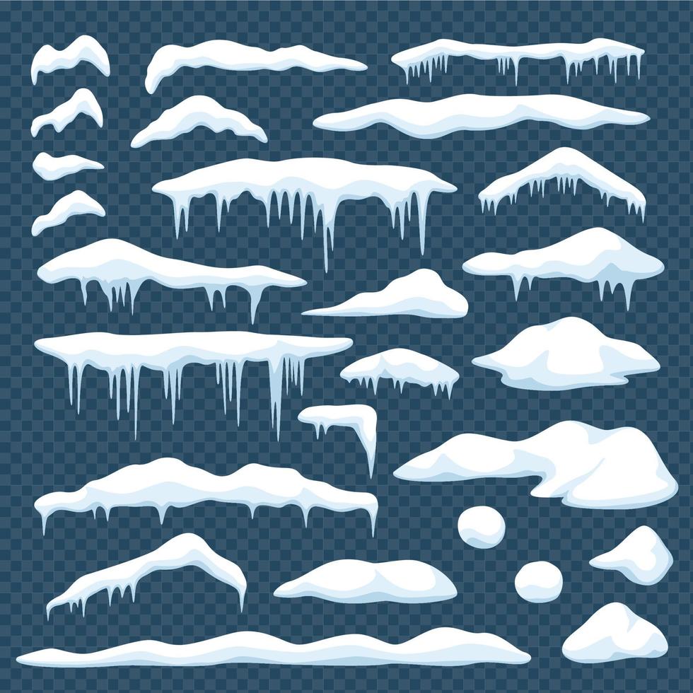 Cartoon snow. Window or roof snow caps with icicles, snowballs, snowdrifts. Christmas snowy frame, winter decor element vector set