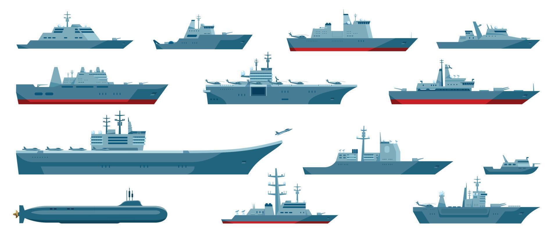 Military boats. Aircraft carrier, warship, navy frigate, battleship, submarine, war vessel. Naval combat ships or frigates vector set