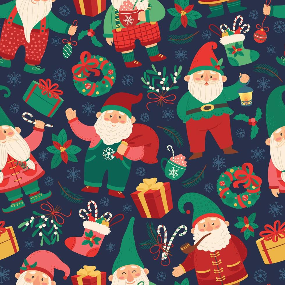 Christmas gnomes seamless pattern. Cute elf dwarf with gifts, socks, door wreath. Winter festive vector background for wrapping paper or textile