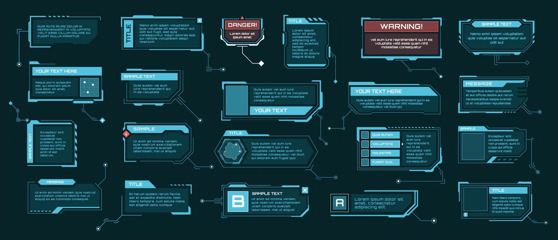 Hud callout titles. Futuristic text boxes, digital callouts bar labels. Sci-fi info frame template, hi-tech infographic elements vector set