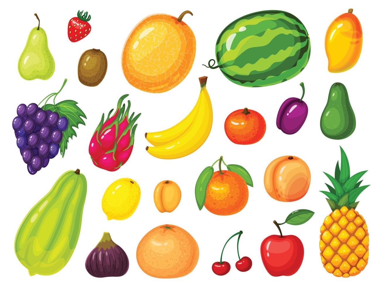 Cartoon fruits. Lemon, strawberry, banana, orange, apple, watermelon, peach, pineapple, mango, grapes. Ripe tropical exotic fruit vector set