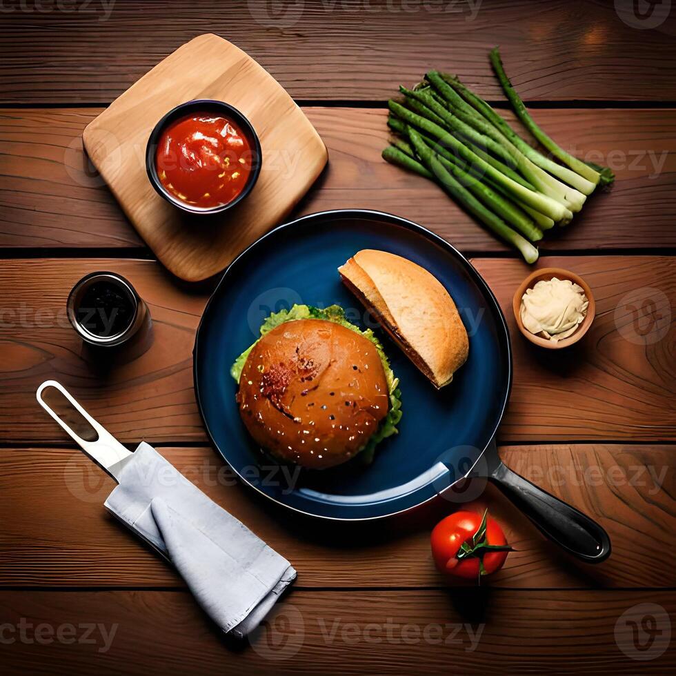 Hamburger with asparagus and ketchup on wooden background. photo