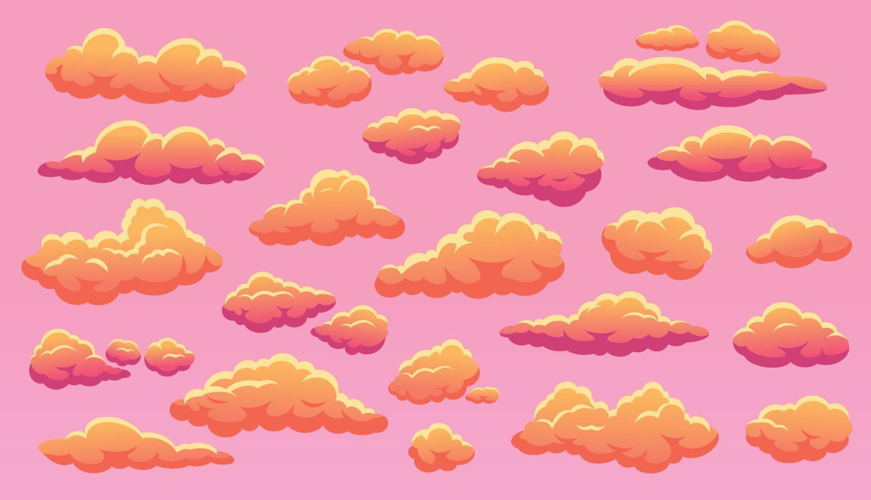 Cartoon sunset cloud, fluffy orange clouds in sky. Cute pink cloudy skies, heaven sundown cloudscape with cloud shapes vector set