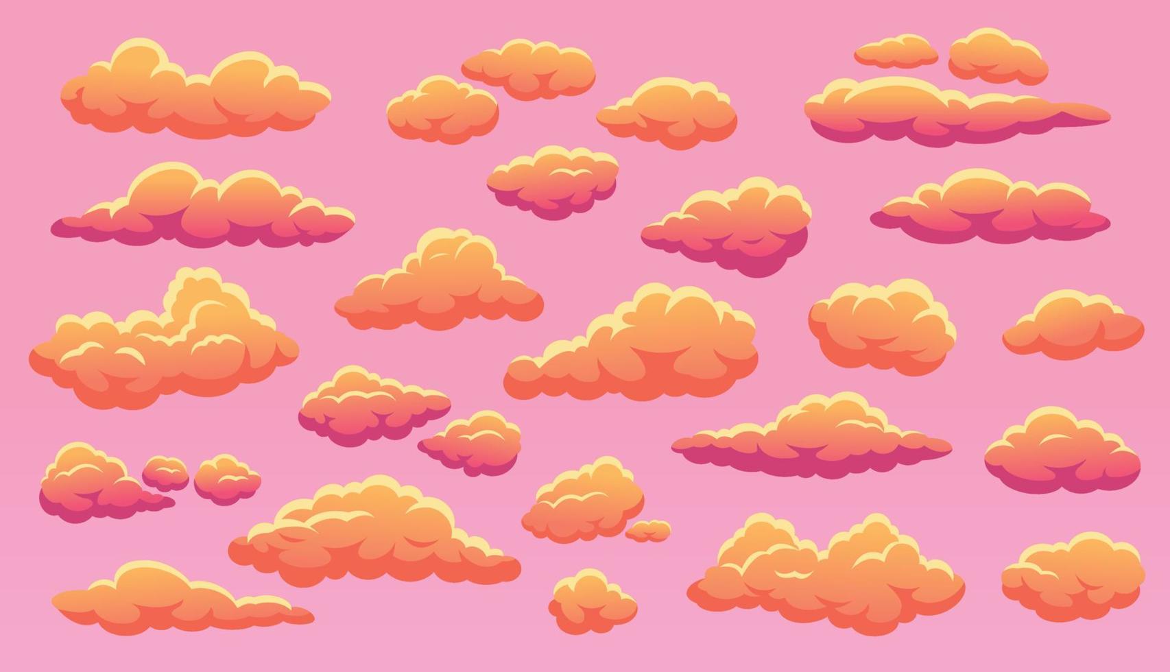 dibujos animados puesta de sol nube, mullido naranja nubes en cielo. linda rosado nublado cielo, cielo puesta del sol Cloudscape con nube formas vector conjunto