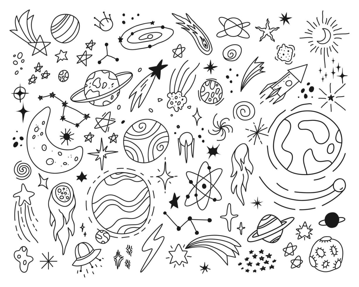 espacio garabatos, linda estrellas y planetas bosquejo dibujos. mano dibujado astronave, OVNI, planeta, galaxia, luna, asteroide. astrología garabatear vector conjunto