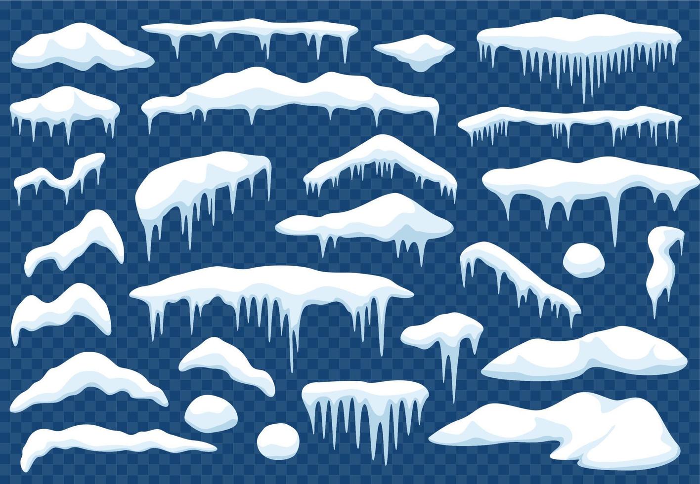 Cartoon snow caps. Snowdrift, pile of snow, snowball, roof or window snowcap with icicles. Winter christmas snowy decoration element vector set