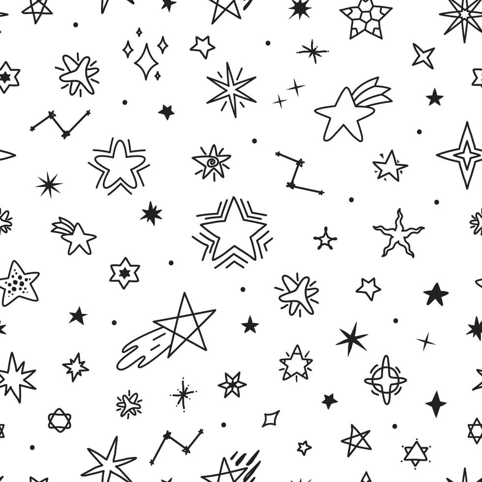 Hand drawn stars doodles, cute star seamless pattern. Childish night sky sketch drawings, textile fabric or wallpaper print vector texture