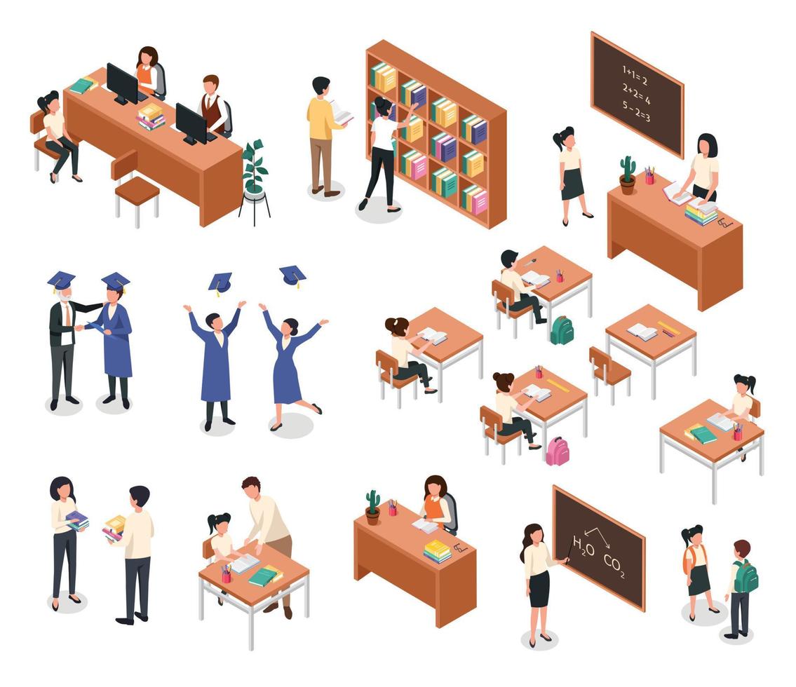Isometric school. Teacher giving lesson to students. Pupils with backpacks. Classroom furniture and equipment, teachers, students vector set
