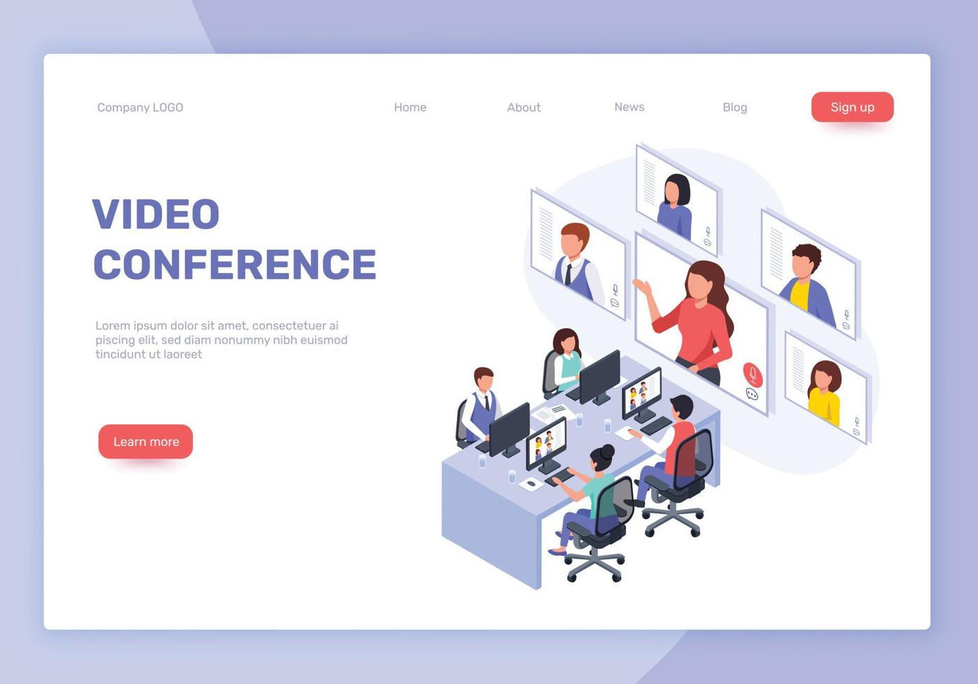 Isometric webinar, video conference or meeting, online business training. Businesspeople talking to colleagues in video call vector landing page