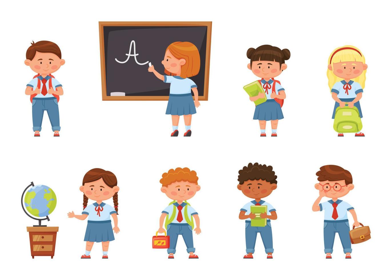 Cartoon school kids in uniform, elementary students with backpacks. Cute pupils holding books, children on first day of school vector set