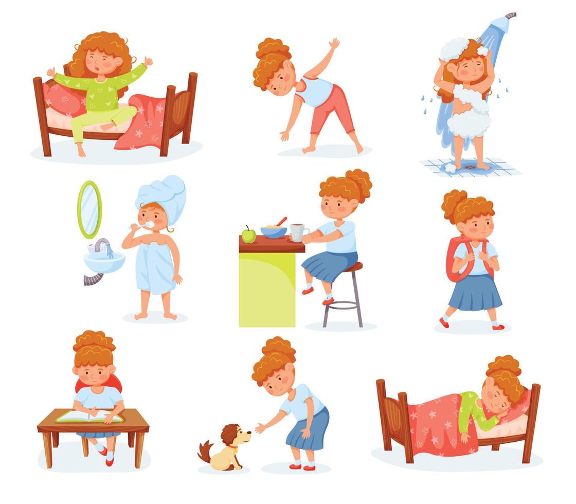 Cartoon cute girl daily routine and children activities. Child brushing teeth, eating breakfast, studying. Day routine for kids vector set