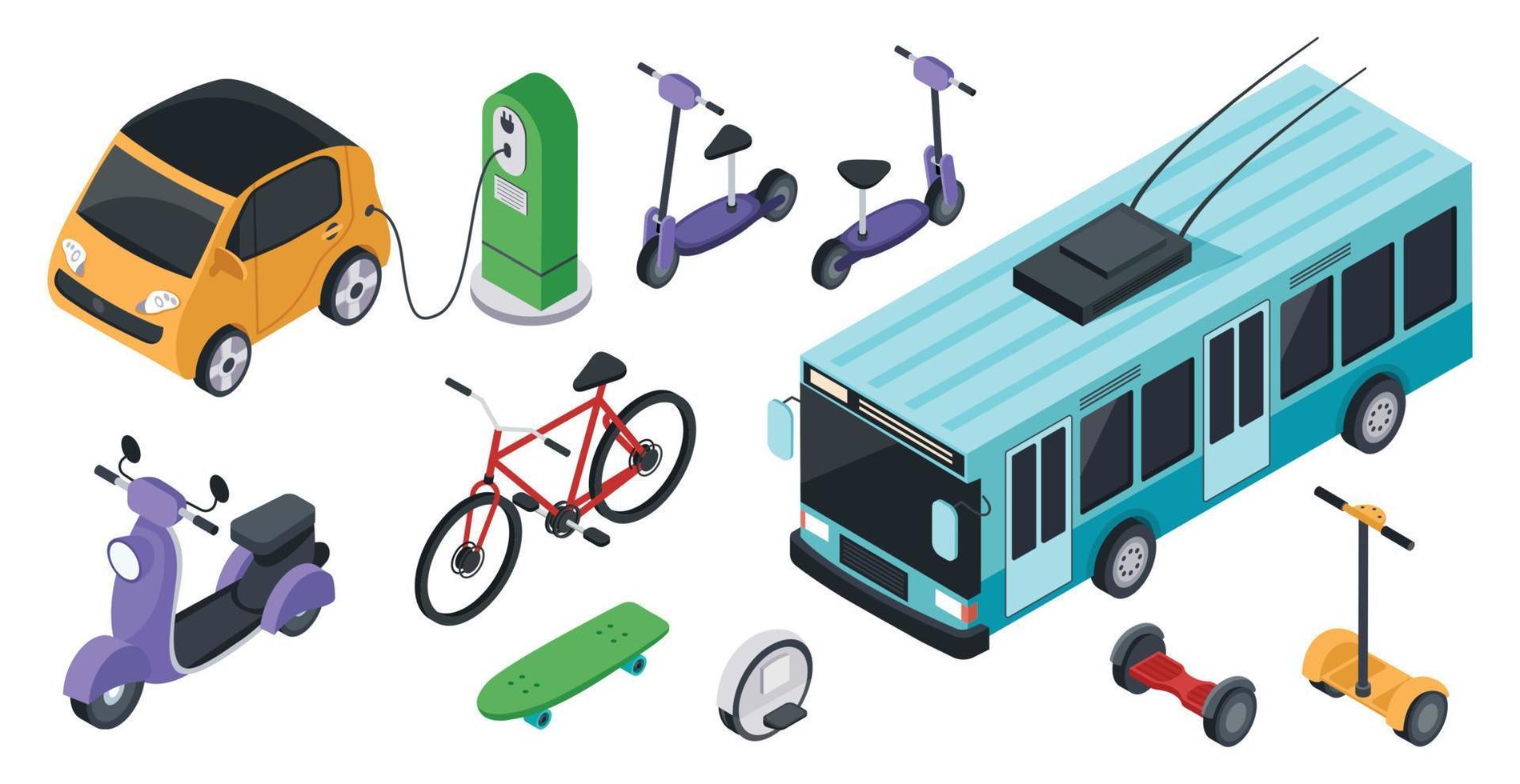 Isometric eco friendly transport, personal electric vehicles. Bicycle, scooter, car, unicycle. Environmental friendly vehicle vector set
