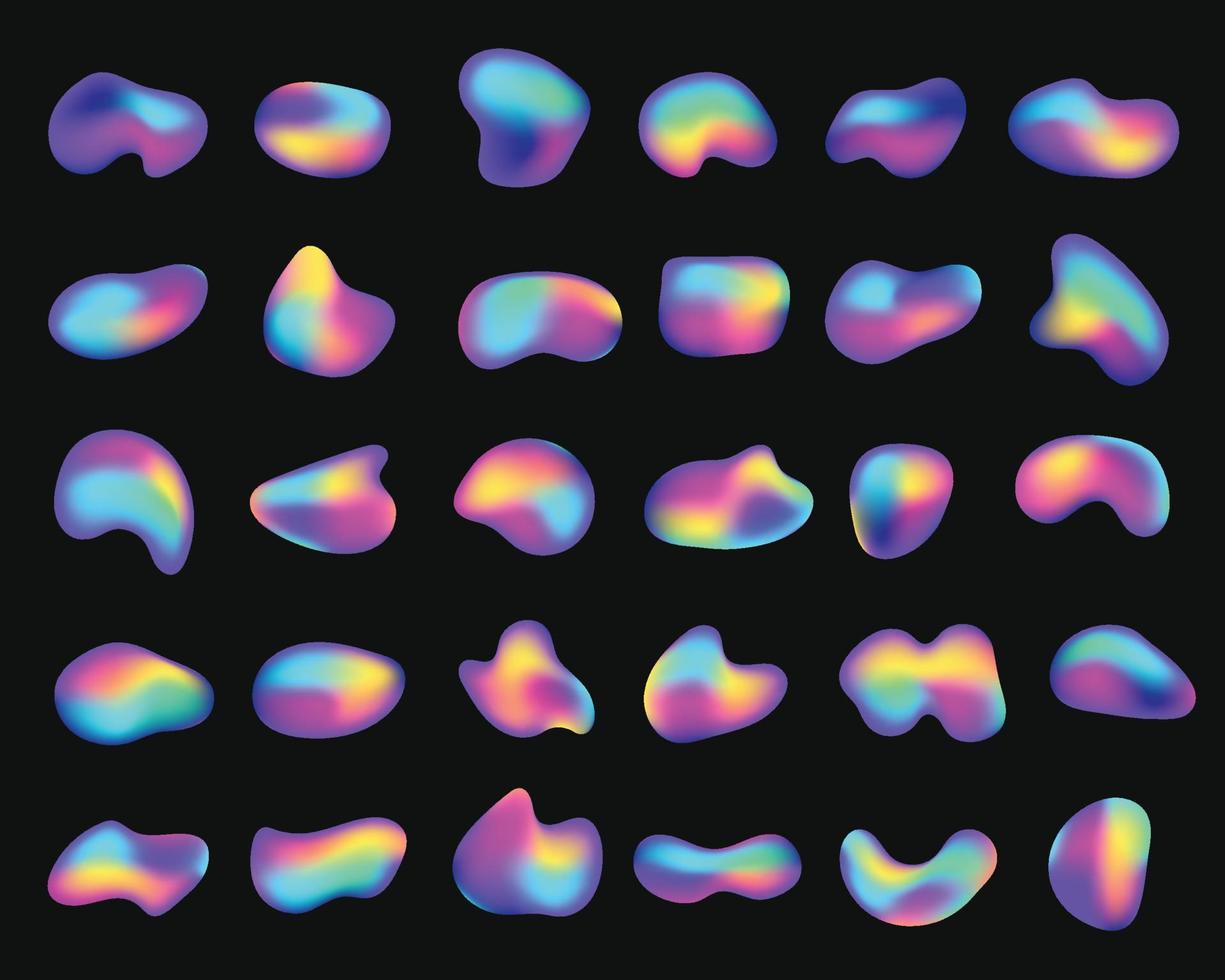 fluido holográfico o iridiscente formas, resumen líquido burbujas degradado orgánico neón gráfico elementos, burbuja forma fluidos logo vector conjunto