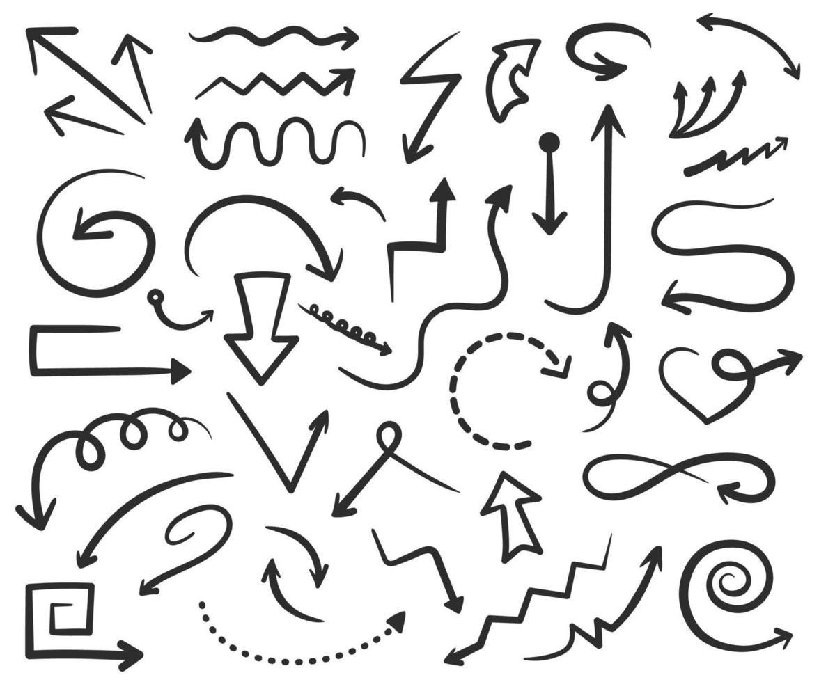 Hand drawn arrows doodles, black arrow drawing. Straight and curved pointers, up or down direction lines, swipe arrow icon vector set