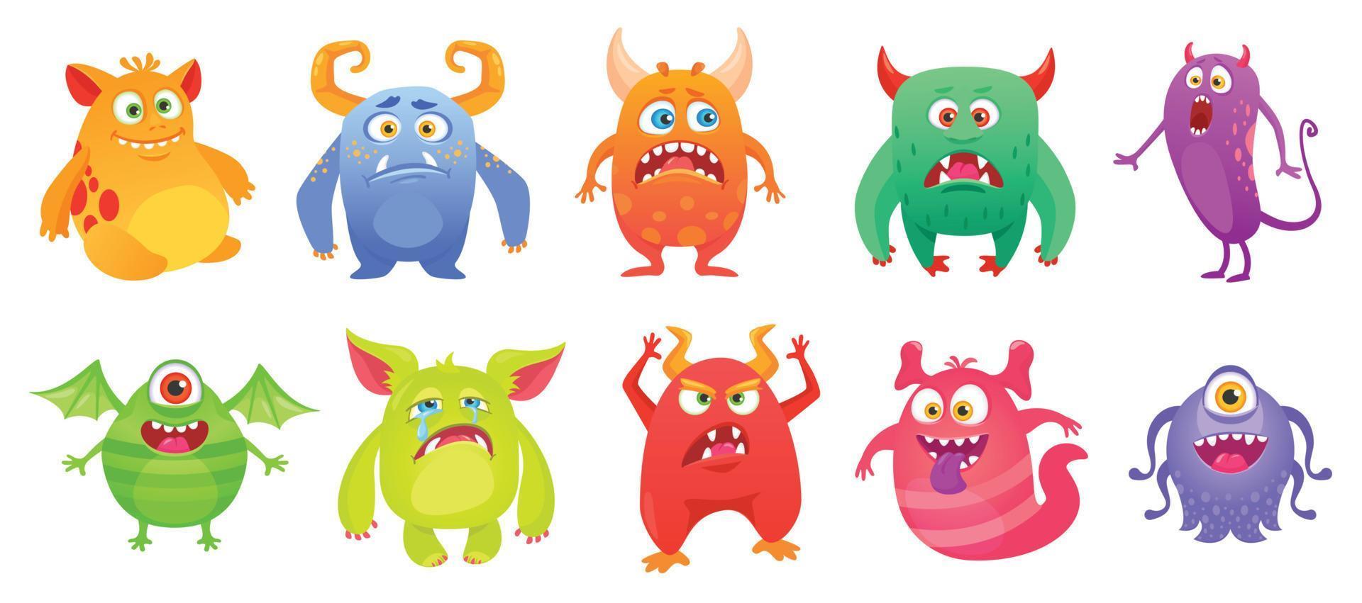 Cartoon cute monster character with funny faces. Quirky monsters, ugly scary troll, friendly alien, or ghost creature mascot vector set