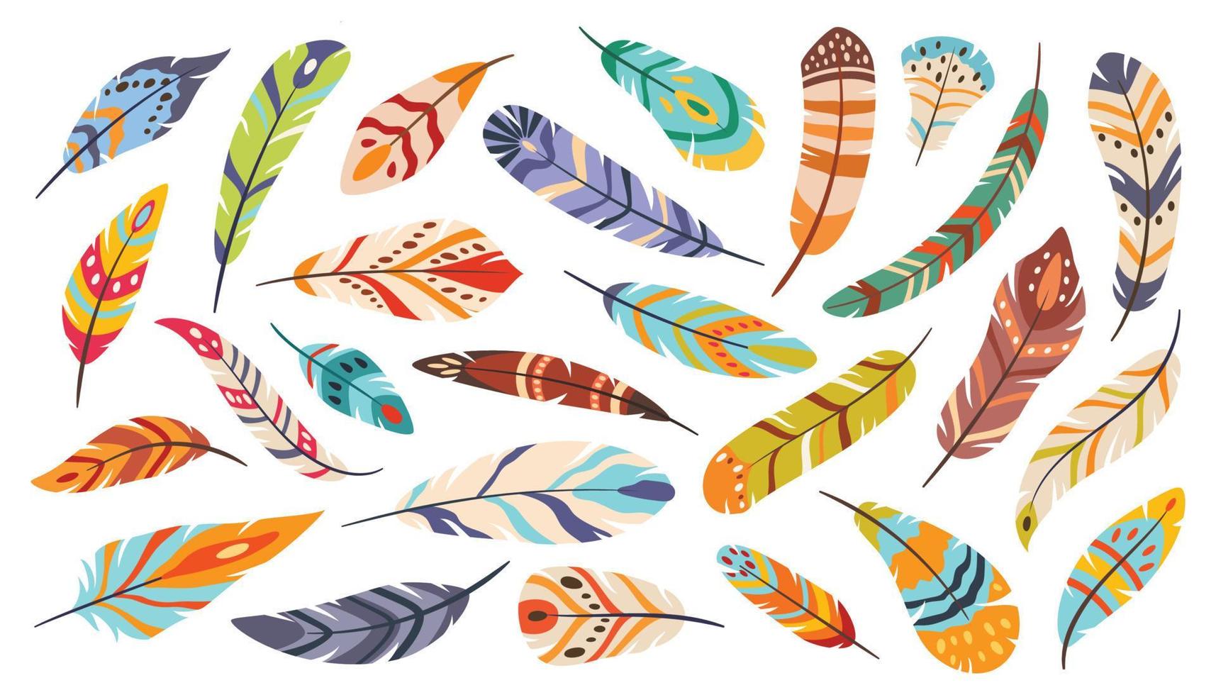 Tribal feathers, boho ethnic stylized bird feather. Flat cartoon elegant colorful bohemian feathering, indigenous feathers vector set