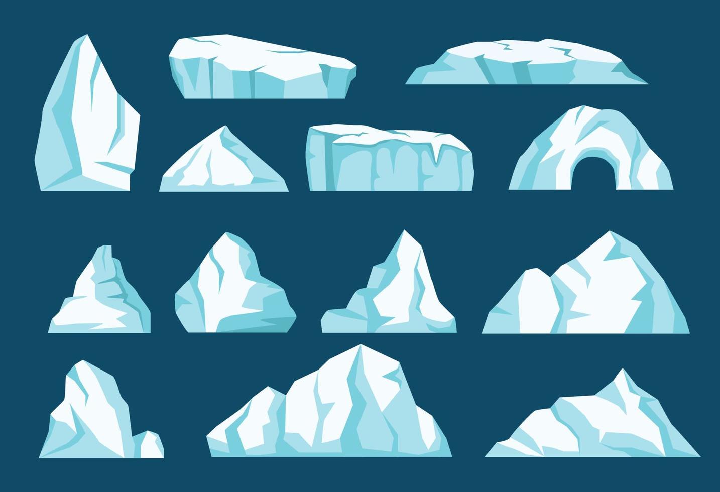 Cartoon icebergs, antarctic ice glaciers, arctic ice rocks. Floating iceberg mountains, frozen snow crystals, glacial icy peaks vector set