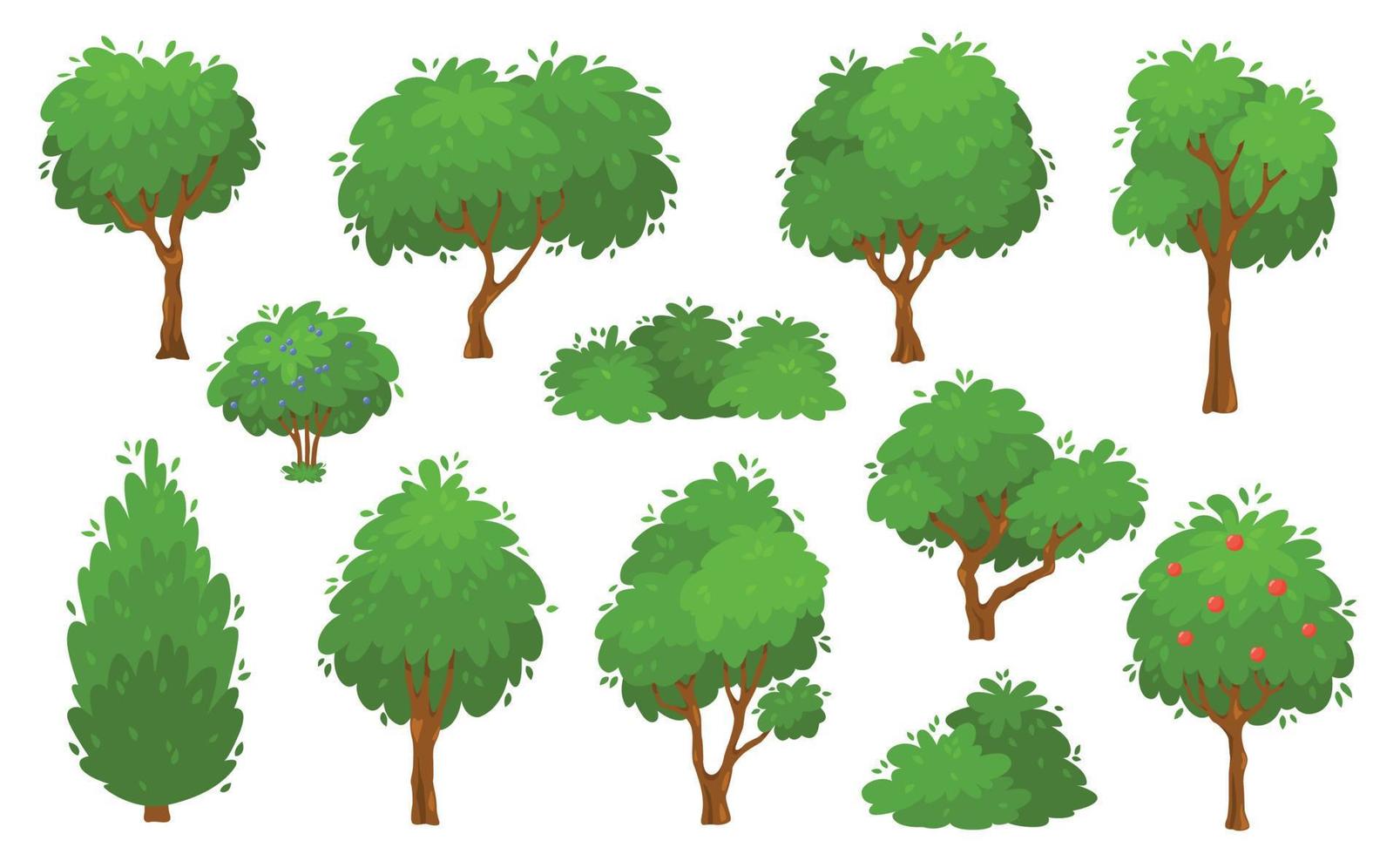 Cartoon green trees, bushes and hedges, forest or garden tree. Summer foliage plants, backyard shrub and bush, garden park plants vector set