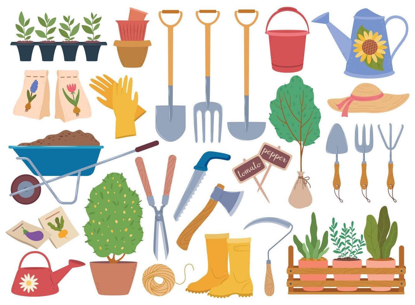 Gardening tools, spring garden equipment and plants sapling. Watering can, gloves, wheelbarrow with soil. Horticulture elements vector set