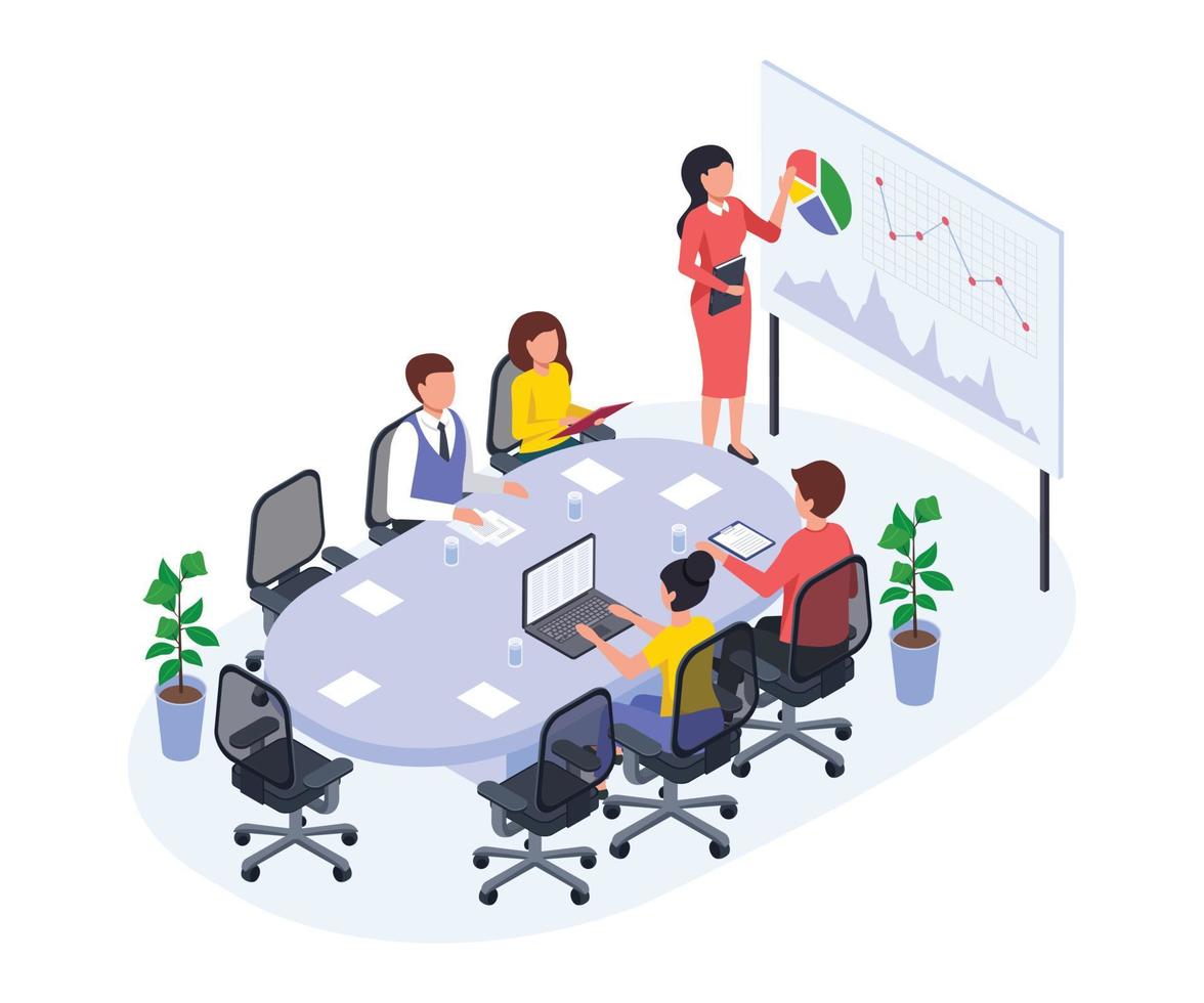Isometric office meeting, business team in conference room. Businesswoman giving presentation, discussing new projects or ideas vector concept