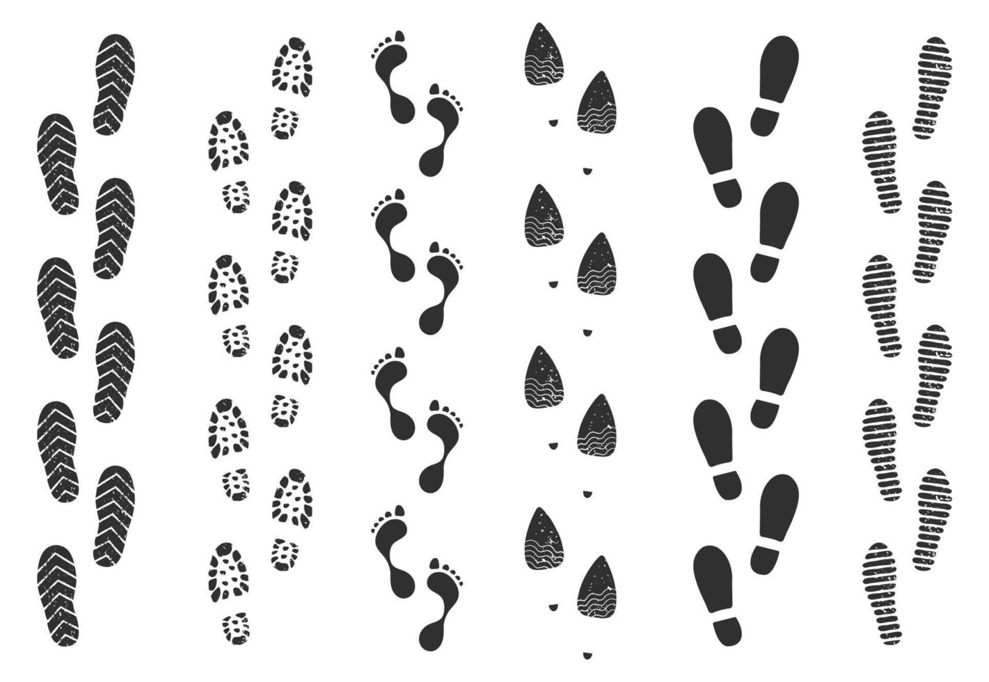 Footprint track, human walking footstep trails. Shoe foot print route, walk footprints path, dirty boot imprint trail silhouette vector set