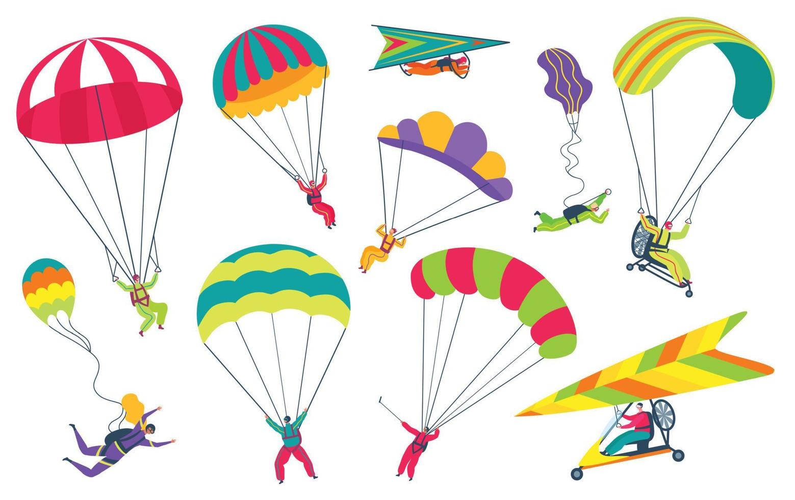 Skydivers with parachutes. Professional parachutist or skydiver flying in sky. Extreme sports, skydiving, paragliding, parachuting vector set