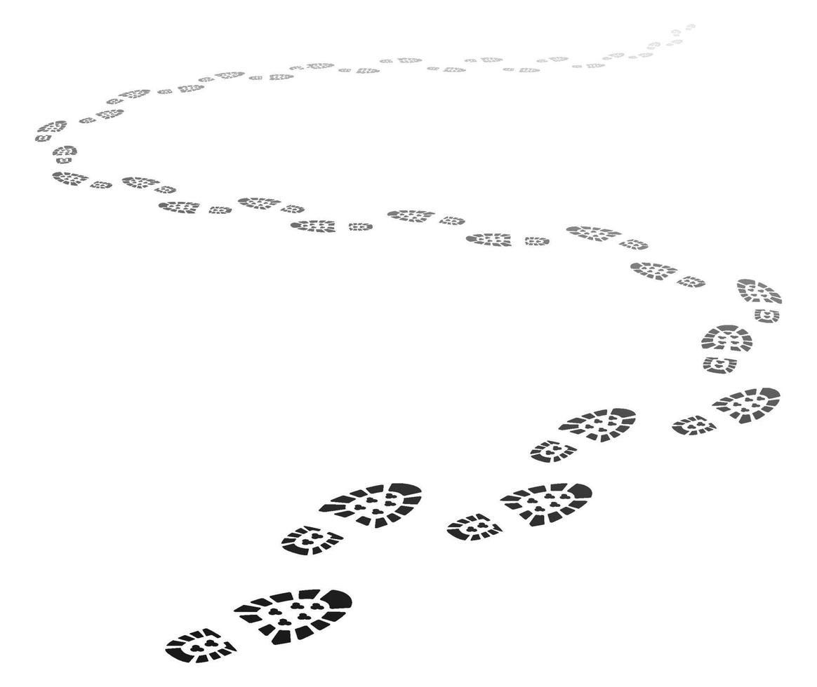 paso camino en perspectiva, caminando lejos huella camino. rastro de humano pie impresión siluetas, zapato único imprimir pista vector antecedentes