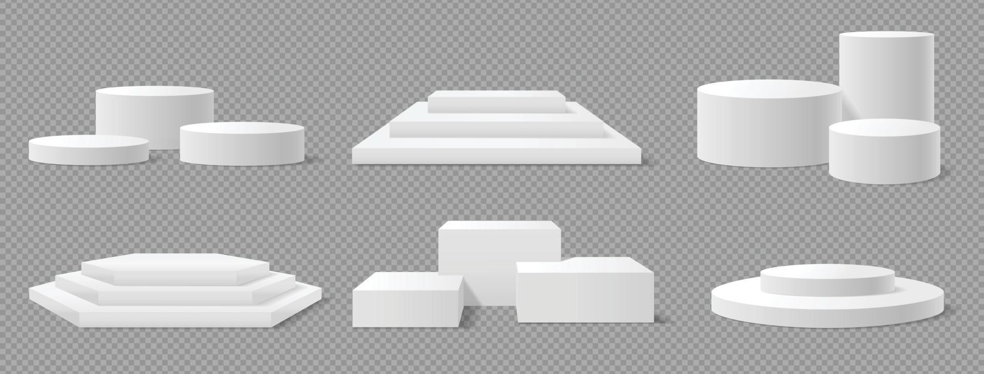White square shaped podium circular pedestal stand. Realistic empty platform, winner stage, advertising podiums 3d mockup vector set