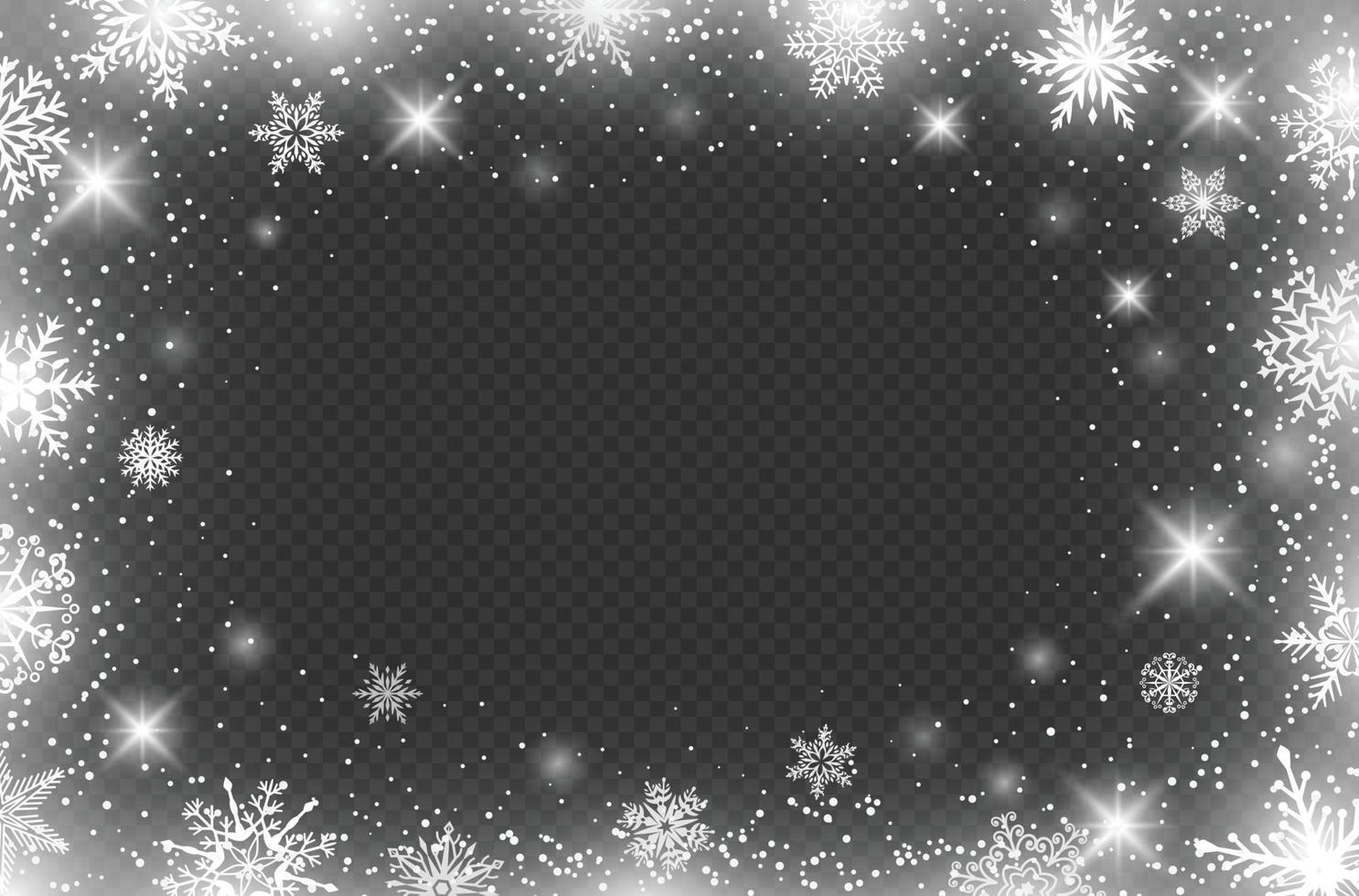 Winter snowflakes border, frozen frame borders effect. Christmas decoration with ice flakes, snow crystals and particles vector background