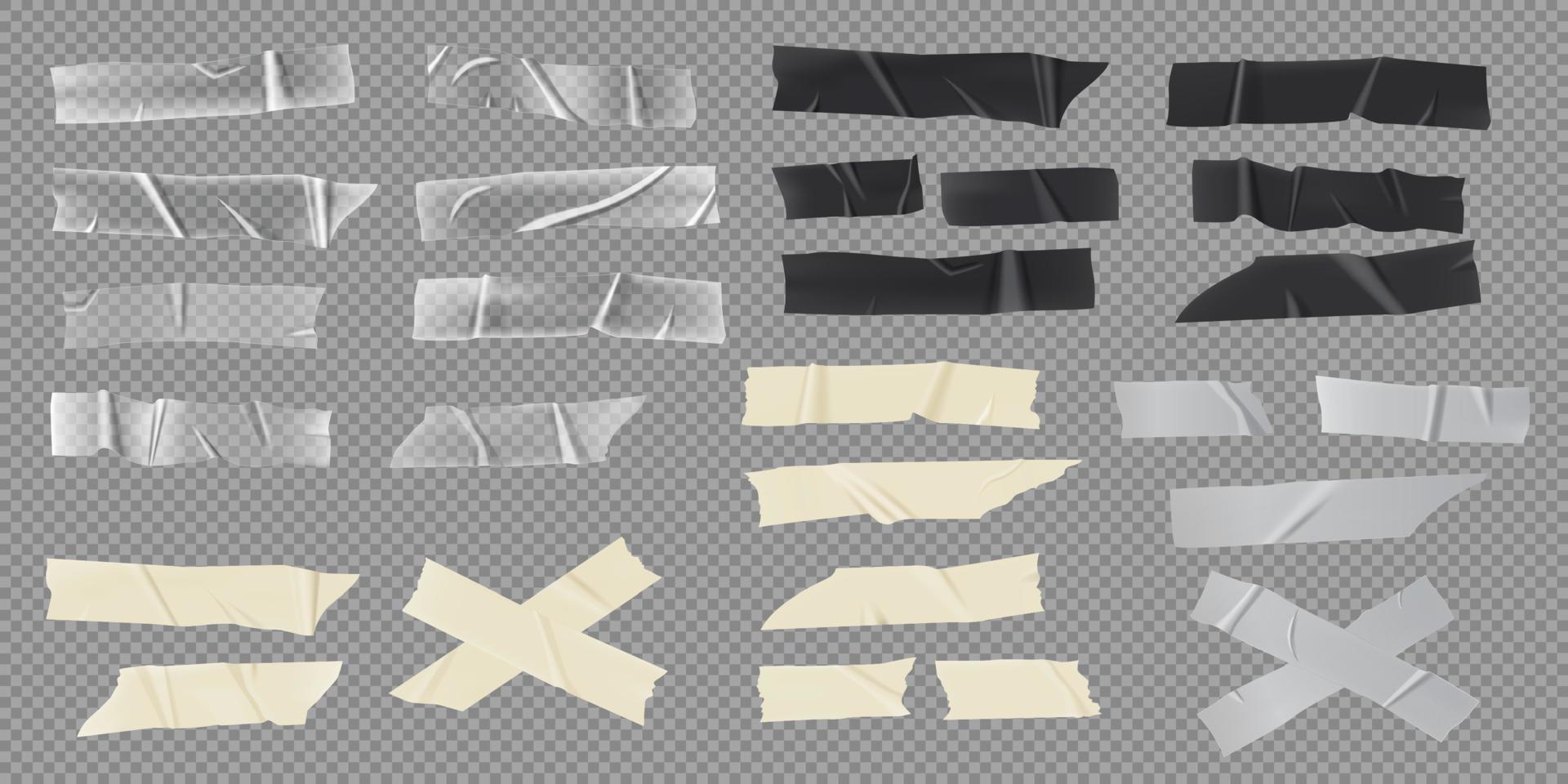 Realistic adhesive tape, paper masking strips, transparent stickers. Black sticky duct tapes with torn edges, crumpled tape pieces vector set