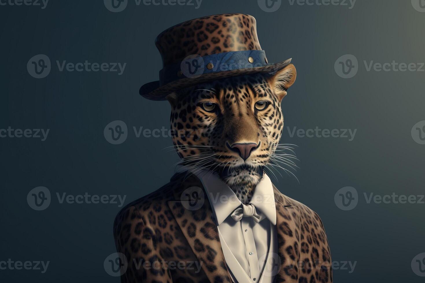 Gentleman, the boss is a formidable spotted leopard in a hat, suit and tie. Banner header. . photo