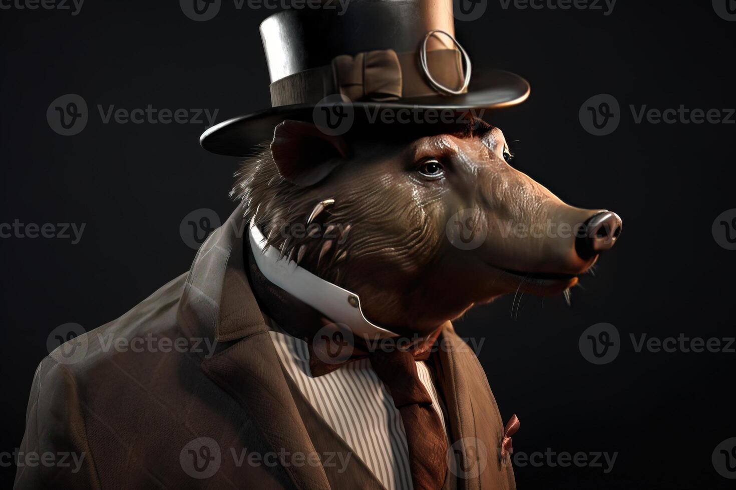 Gentleman, boss wild boar, pig in hat, suit and tie. Banner header. . photo