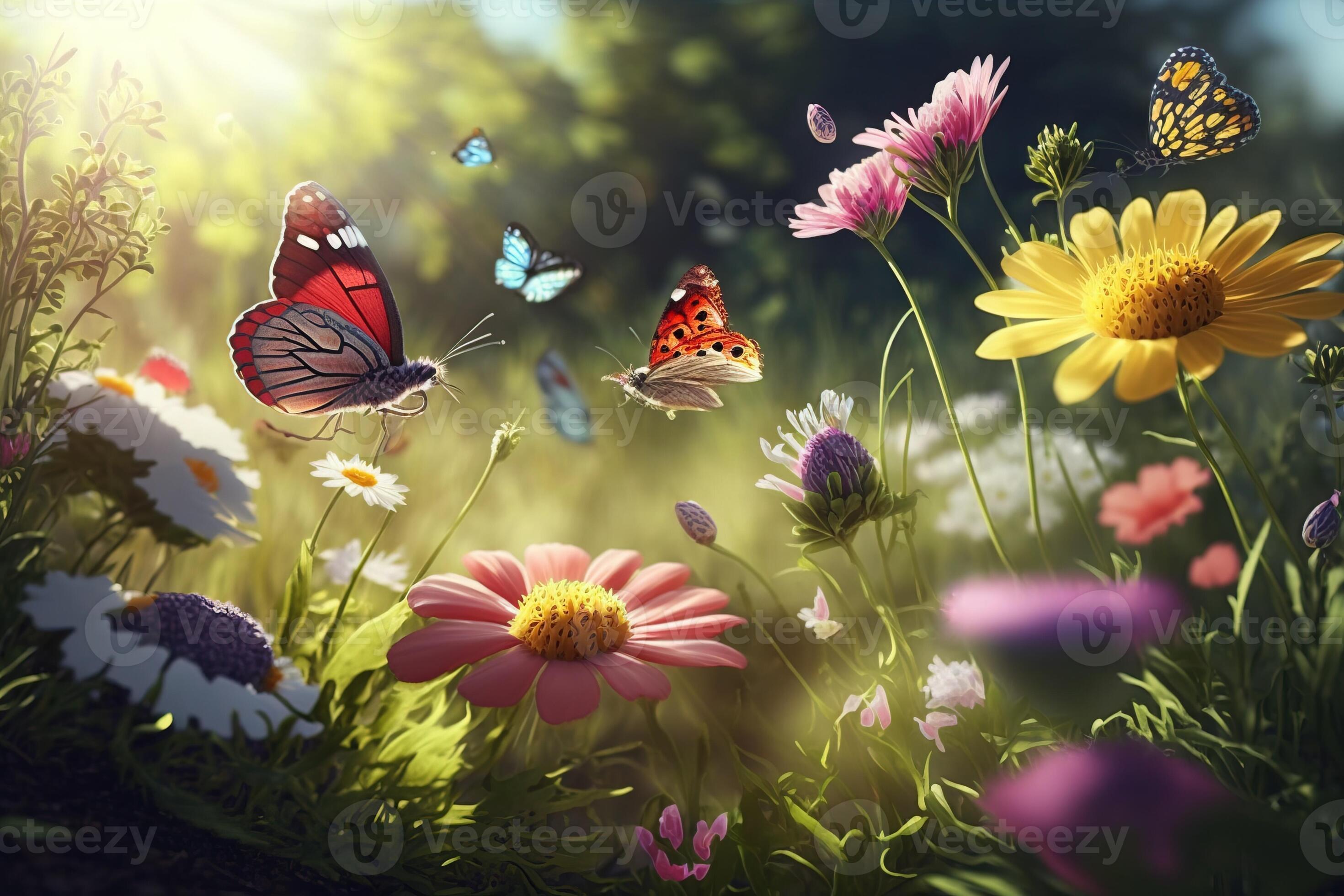 Butterflies fly over field colorful flowers on a sunny day, wallpaper