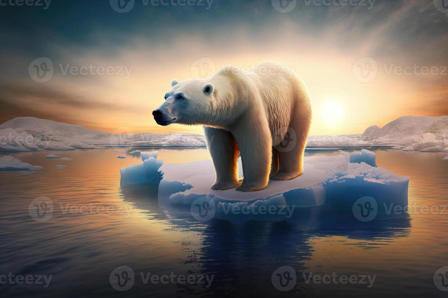 Polar bear on an ice floe in the Arctic Sea against the background of the morning sun. . photo