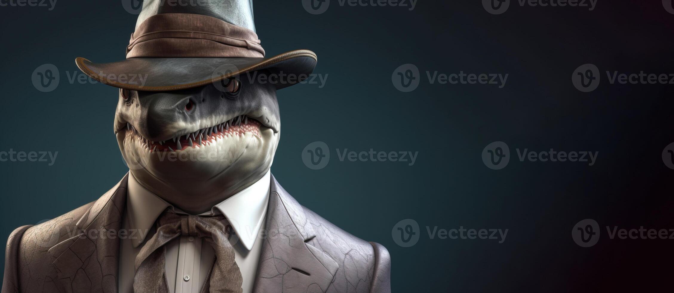Gentleman shark boss in hat, suit and tie. Banner header. . photo