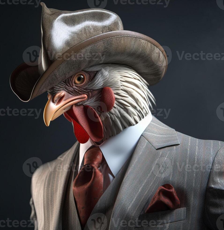 Gentleman, boss rooster with red crest in hat, suit and tie. Banner header. . photo