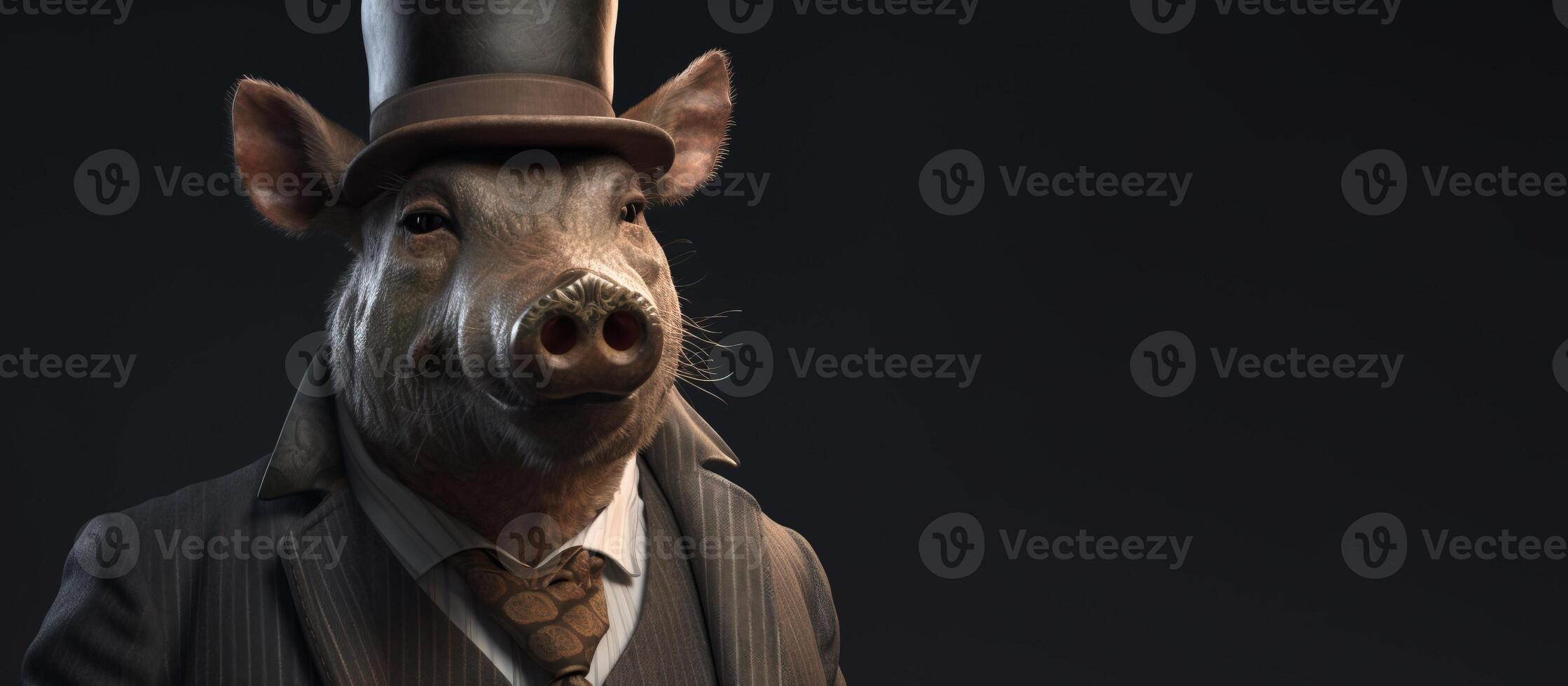 Gentleman, boss wild boar, pig in hat, suit and tie. Banner header. . photo