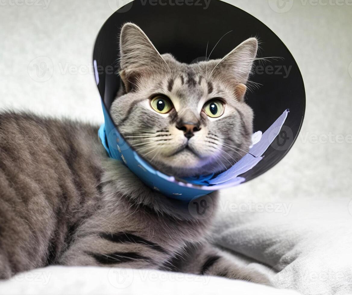 A sick gray cat lies with a medical collar. . photo