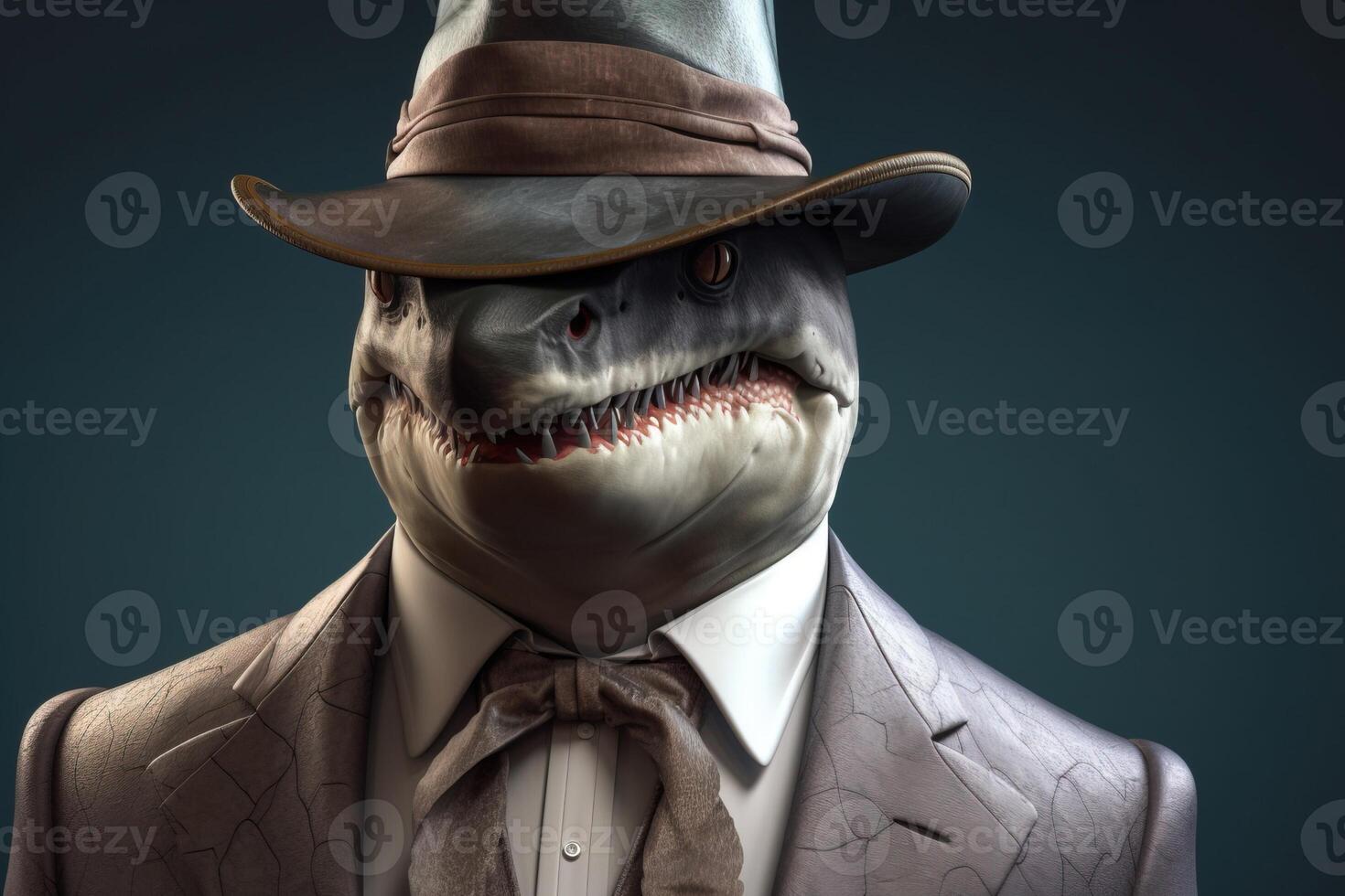 Gentleman shark boss in hat, suit and tie. Banner header. . photo