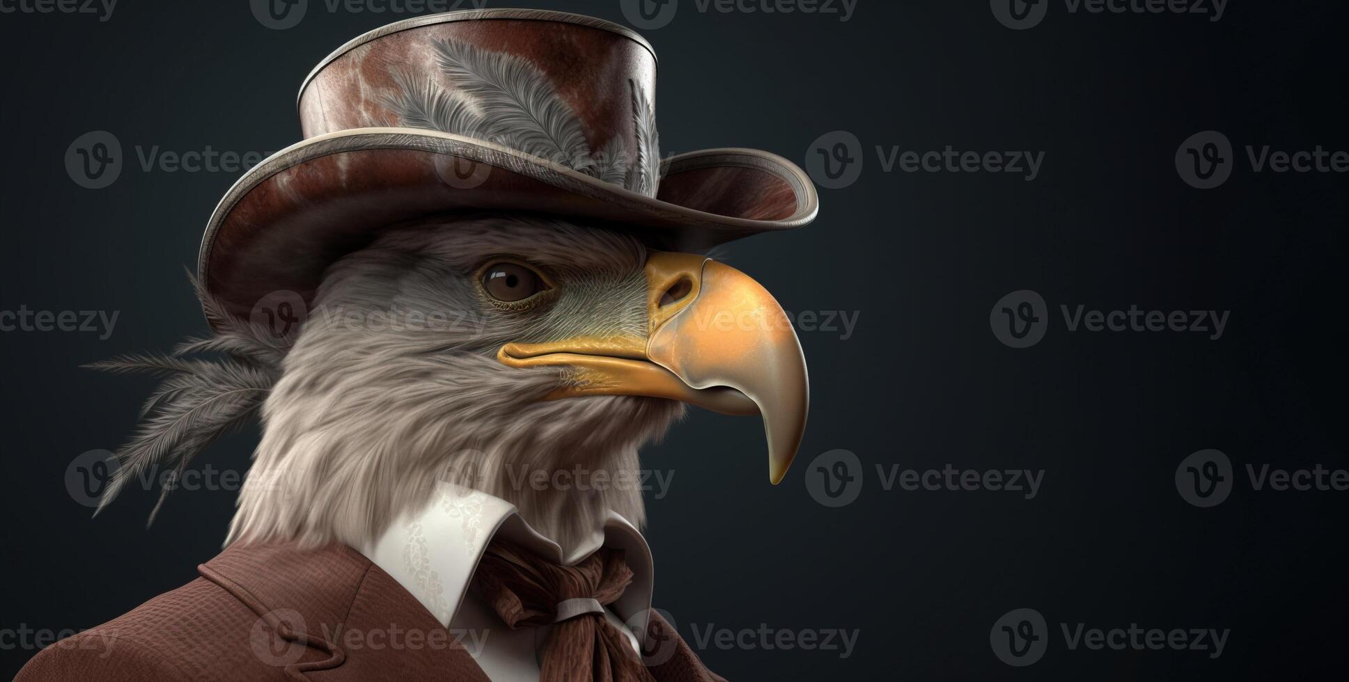 Gentleman, boss bald eagle in hat, suit and tie. Banner header. . photo