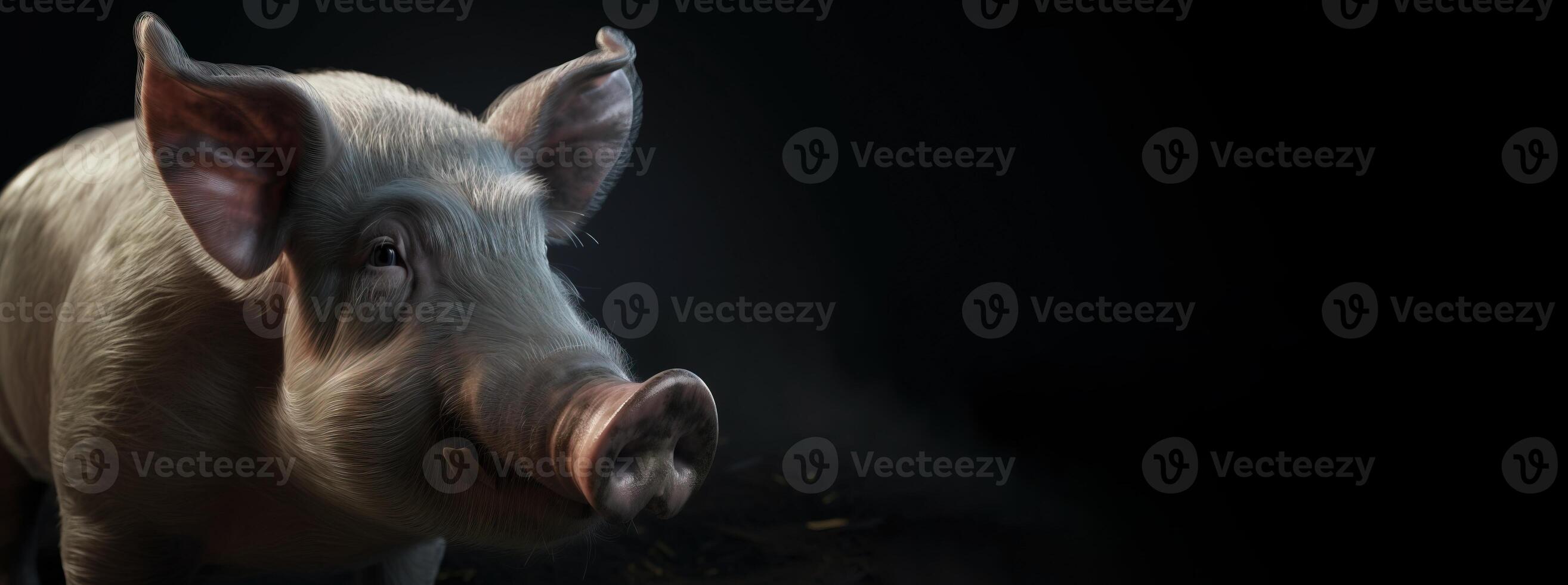 Domestic farm pig close-up on a black dark background. . photo