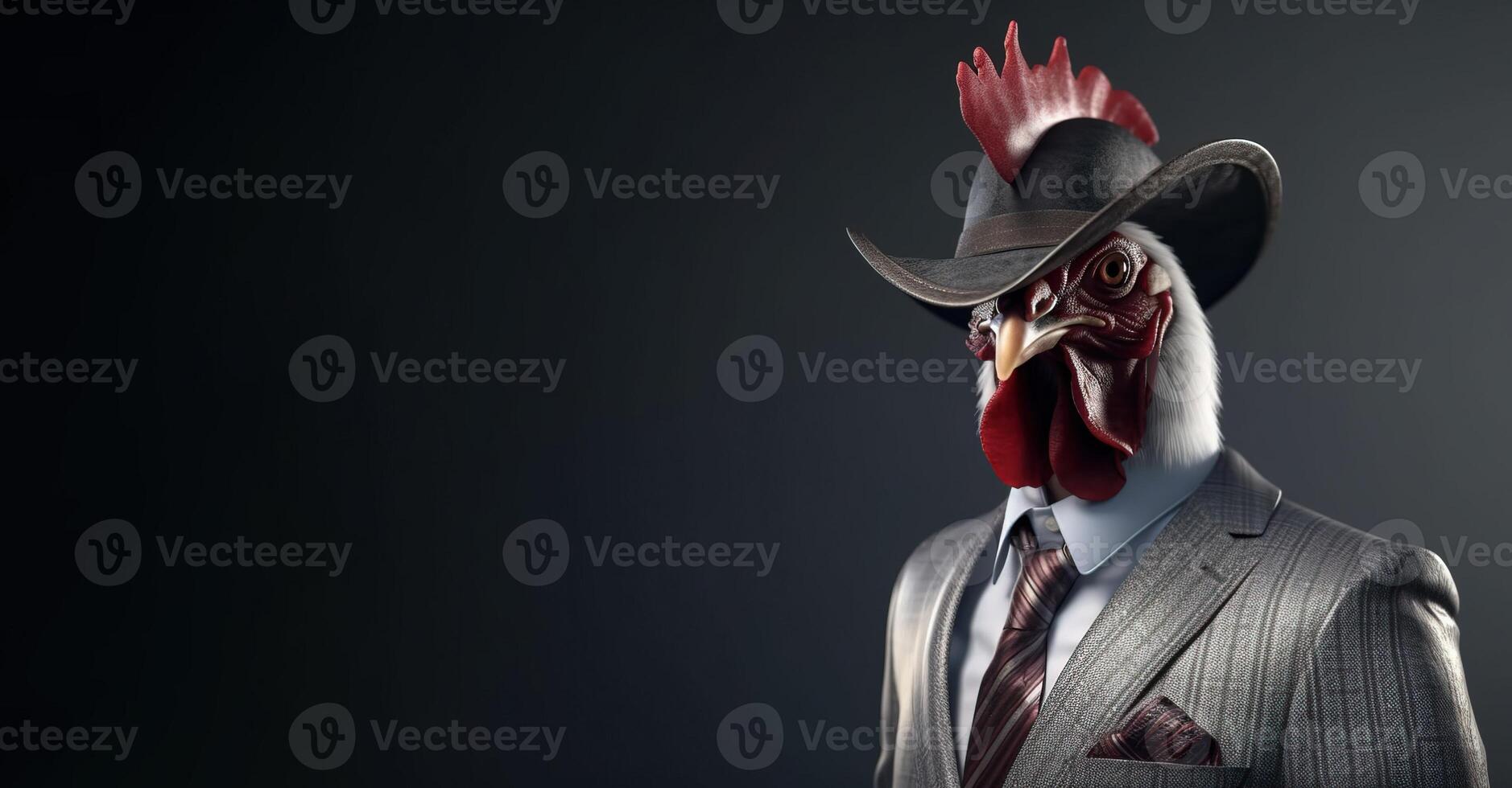 Gentleman, boss rooster with red crest in hat, suit and tie. Banner header. . photo